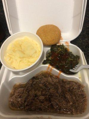 Hot water Cornbread,Mashed potatoes,greens & roast beef