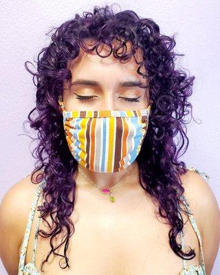 mask up for appointments. curly layers with purple balayage.