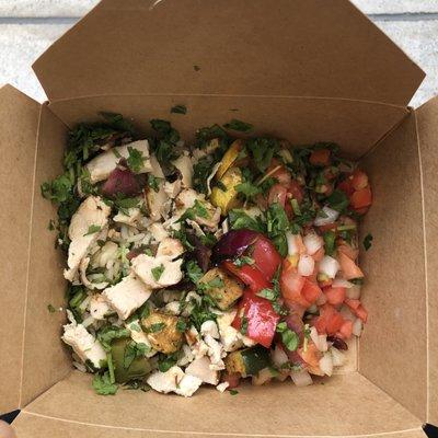 Half rice/veggie bowl with chicken, pico de gallo, and cilantro.