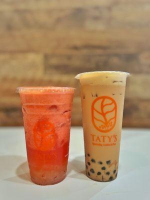 Strawberry Green Tea 24oz and Red Jade Black MILK Tea 24oz