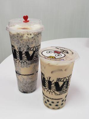 Creme Brulee Oreo drink with milk tea and Milk tea with boba.