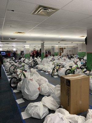 Here's a picture of the rows and rows of gifts all organized according to family.