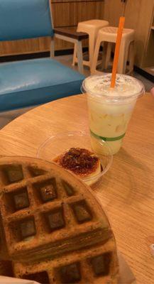 pandan waffle, flan w/ coffee & ice flakes, and a drink (don't hate me...i didn't order it so i don't remember what it was!)