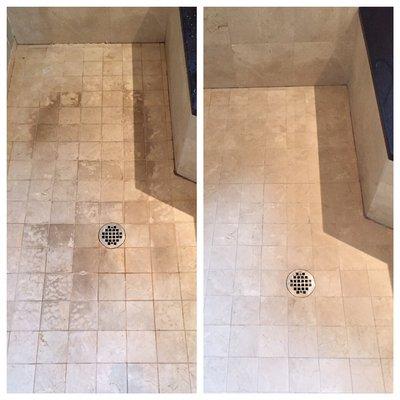 Dirty soap scum travertine shower floor restoration!!