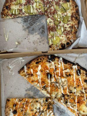 Fire Roasted Pickle Pizza with bacon and Buffalo Chicken Pizza