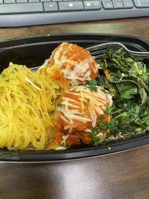 Meatballs, spaghetti squash and sautéed greens for today's lunch!!