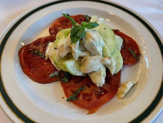 balsamic marinated tomatoes with cucumbers and crab meat appetizer. SO SIMPLE BUT SO TASTY!!!