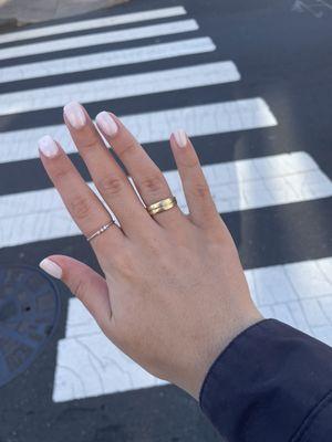 Gel Manicure with white base coat and pearl sheer coat