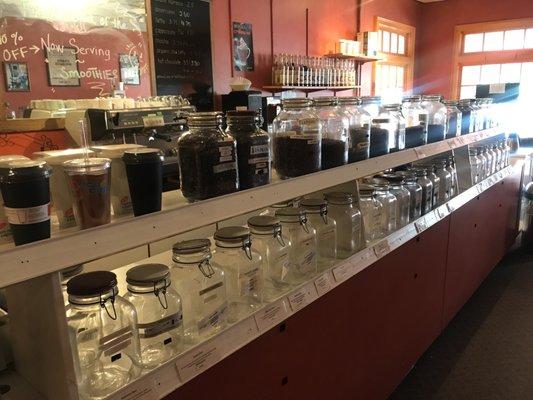 Dimly lit, but coffee options in jars