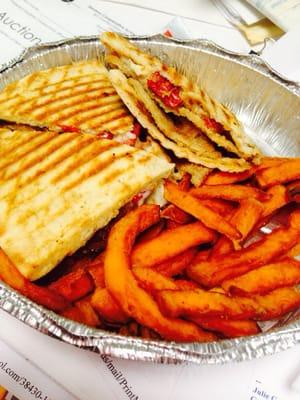 Eggplant & mozzarella with sundried tomatoes on a panini with a side of sweet potato fries. Delish!