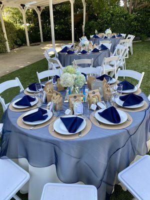 Ivory tablecloth, navy overlay, with navy blue napkins