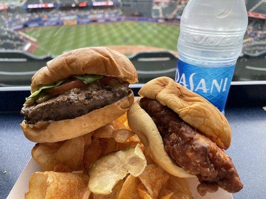 Pat LaFrieda Burger, Fuku Chicken & house made chips while watching behind home plate