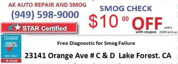 Smog test coupon 10.00 off at AK Auto Repair and Smog in Lake Forest CA