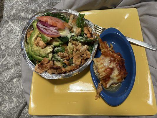 My Grilled Chicken Caesar Avocado Salad. Tasty. Just a small piece of lasagna.