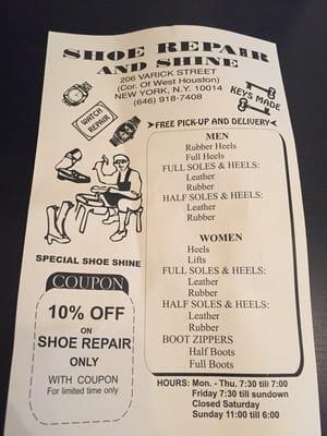 Flyer and coupon from shoe shine and repair