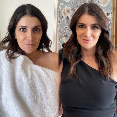 A before, halfway through the makeup, and after on my stunning client!