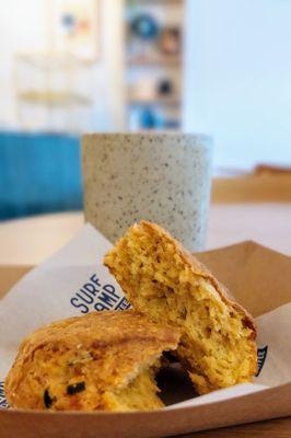 Cheddar cheese scone and a hojicha latte