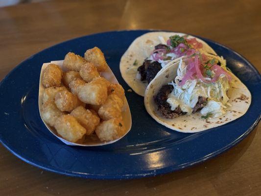 Brisket 2 Ranch Style Flour Tacos with Tater Tots