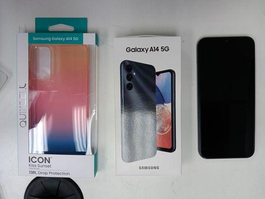 These are the new Samsung A14 5G phone and the  cellphone case.  They are  free phone and a free   case.