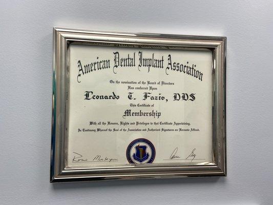 Dr. Fazio's Certificate of membership for the American Dental Implant Association