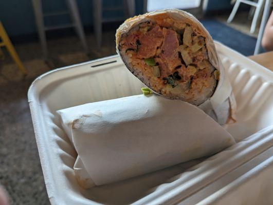 Sushi burrito with salmon, spam, lots of mix-ins