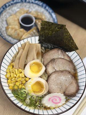 ROAST PORK CHASHU SHOYU RAMEN. PORK GYOZA SIDEKICK.