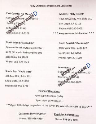 Alternate Rady Children's Urgent Care locations as of January 2022.  Can't stand typos, I put the "D" in... (that's what she said! lol)