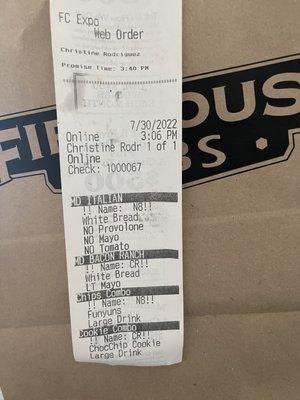 Receipt showing times and the orders