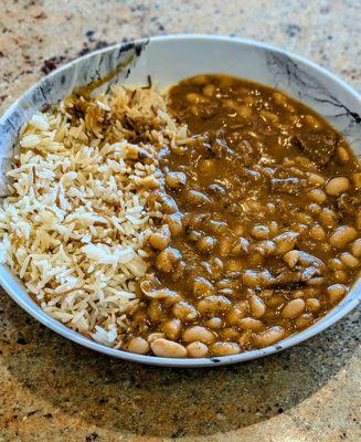 Lebanese Fasolia w Riz, (red beans with beef and rice).  Dish of the day special.