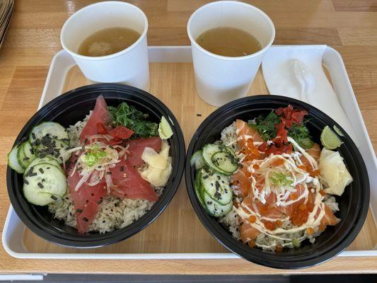 Tuna and salmon donburi bowls (is it technically donburi with raw fish...???) excellent quality...