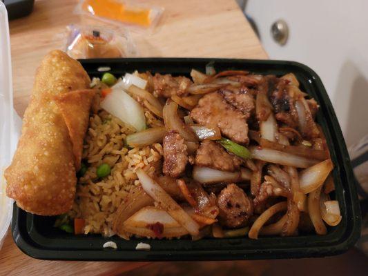 Mongolian Beef minus the scallions. With pork egg roll and veggie fried rice.