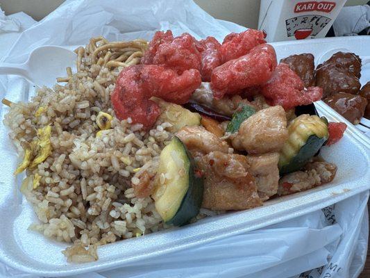 Fried rice, chow mein, coconut shrimp, thai kungpao chicken