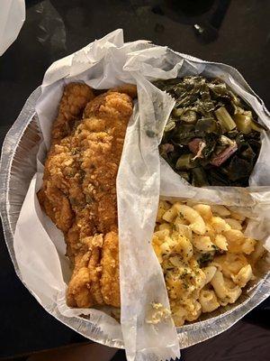 Fried Catfish Meal w/ Mac and cheese and Collard Greens (w/ Smoked Turkey Meat)