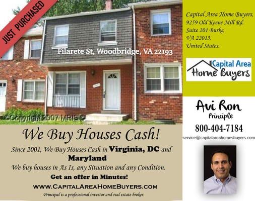 We Recently Purchased Property in Filarete-St,-Woodbridge,-VA-22193
  Contact us to sell your house for cash. Call Now: 800-404-7184