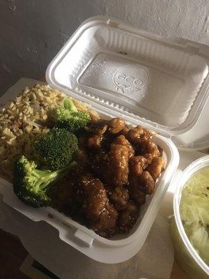 (Lunch) sesame chicken with pork friend rice and egg drop soup