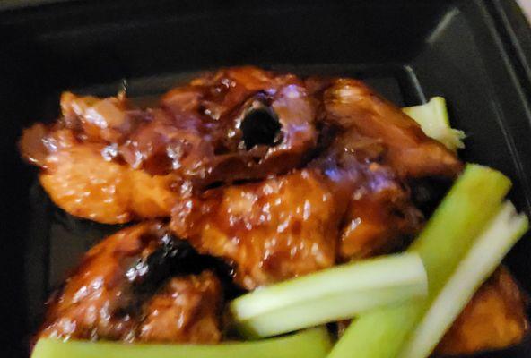 Pepper barbecue chicken thighs w/some celery. There shouldha been ranch or blue cheese per minion #2.