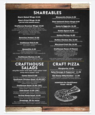 Shareables, salads and pizza menu