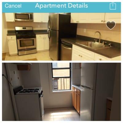 The kitchen pictured in the ad is on top, the kitchen I saw in the apartment is on the bottom. Their advertisement was false.