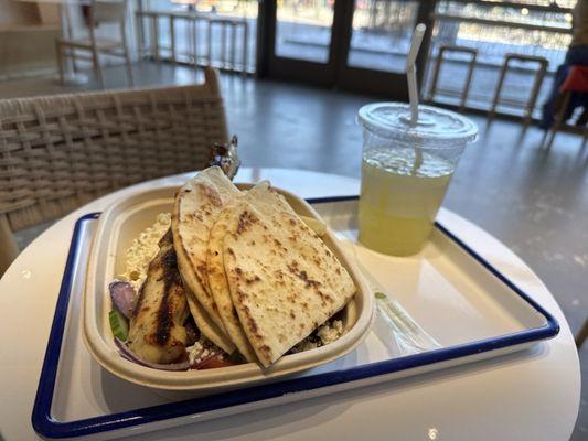 Chicken Souvlaki Plate Single, Orange Blossom Lemonade