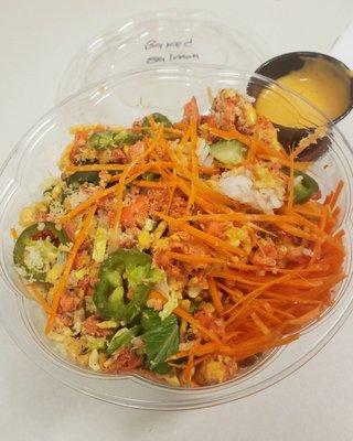 Delicious Baked Salmon Rice Bowl with Jalapeños, Cucumbers, Lettuce, Corn, Carrots, and Peanuts!!