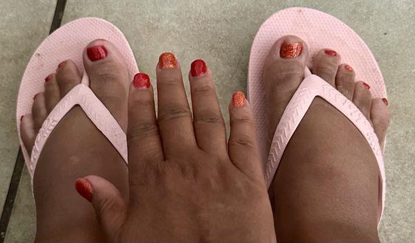 Pedicure and manicure with gel polish.