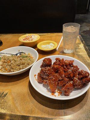 Yangnyeom Chicken and Shrimp Fried Rice.