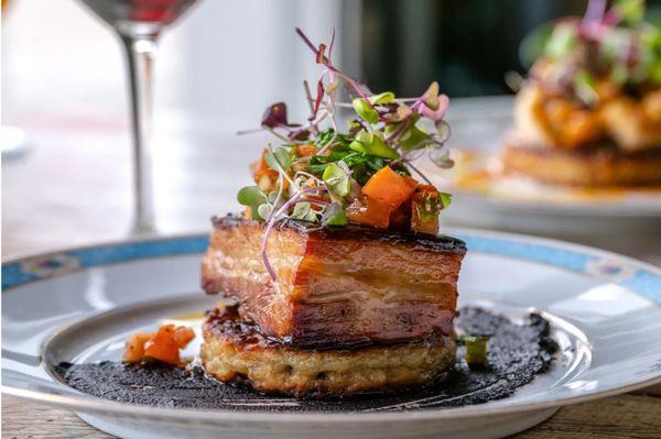 Braised Pork Belly with jalapeno coleslaw, Chinese bbq sauce & pineapple salsa