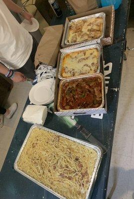 spaghetti carbonara  sausage and peppers eggplant parm Chicken  with eggplant and mozzarella cheese $216 fed a lot of hungry kids!