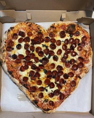 Large Dee's Hot Honey Heart Shaped for Valentine's Day-  Pizza Amore Red Sauce, Ricotta, Basil, Pepperoni with a drizzle of Hot Honey