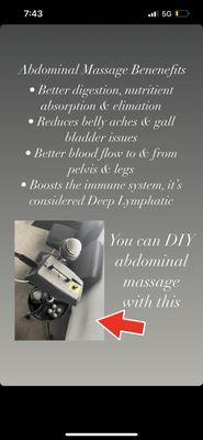 You can diy your abdominal/ fertility massage with this machine. We offer many devices you can use to improve fertility.