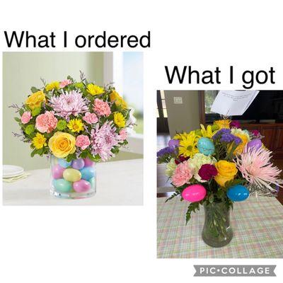 I ordered a low table arrangement with pastel eggs in the vase with lovely spring pastel colors.