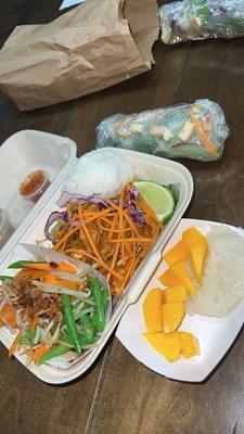 Pad Thai trio, mango sticky rice, tofu spring rolls and side veggie