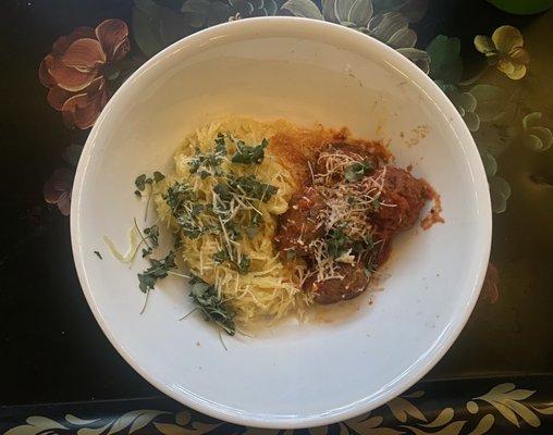 Spaghetti squash, a little marinara and yummy basil sprouts