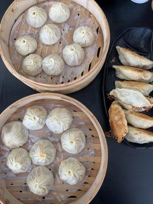 Shanghai soup dumplings, crab and pork soup dumplings, chives pork and boiled shrimp fried dumplings.